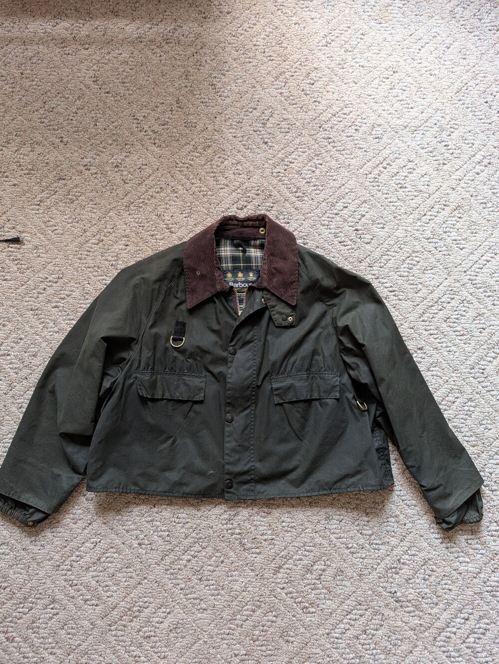 Vintage Barbour Spey Jacket Dark Olive Green Cropped Archival Waxed Cotton Vtg